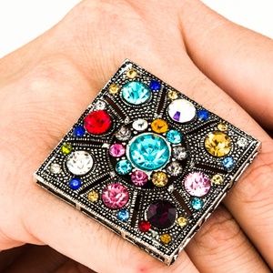 Antiqued Silver Square Ring w/ Colorful Stones